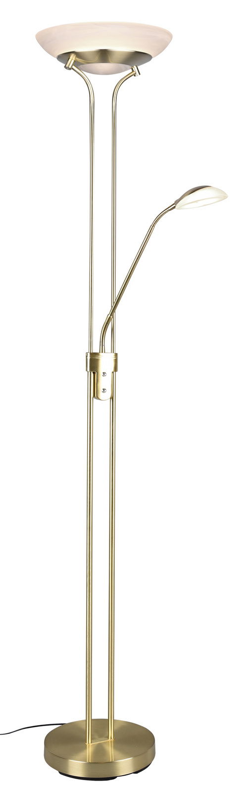 Stehleuchte mit zwei Lichtquellen, einer großen oben und einer kleineren Leselampe, in goldener Farbe, seitliche Perspektive