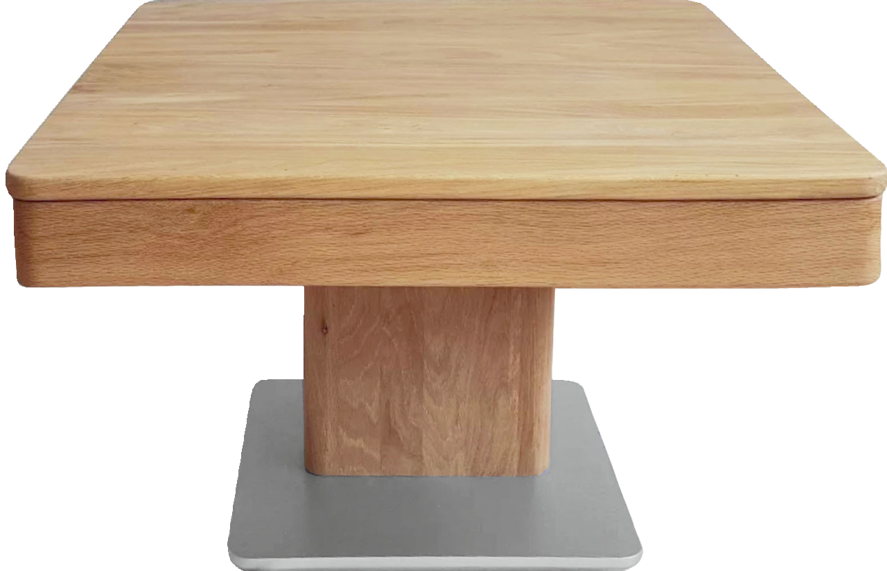 Moderner Couchtisch aus Holz mit quadratischer Tischplatte und zentralem Standfuß, Frontalansicht.