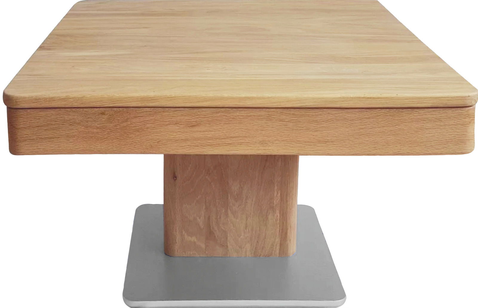 Moderner Couchtisch aus Holz mit quadratischer Tischplatte und zentralem Standfuß, Frontalansicht.