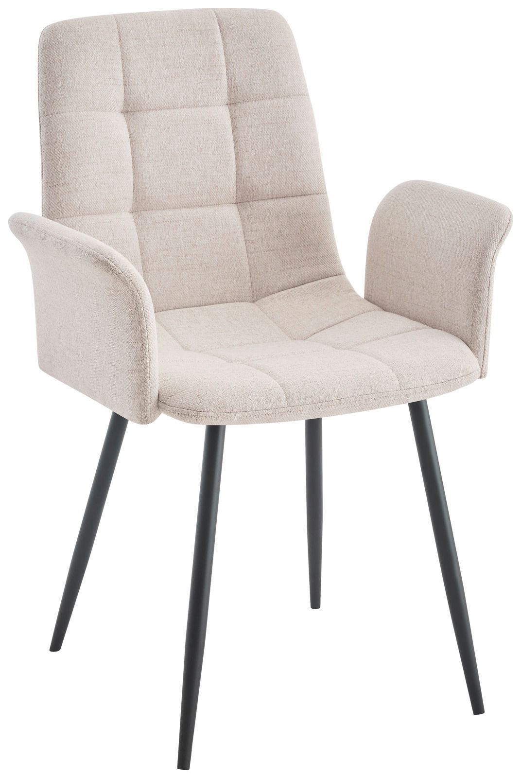 Stylife Fauteuil JEFF Beiger Armlehnstuhl mit gepolsterter Sitzfläche und Rückenlehne, schwarzes Metallgestell, seitliche Perspektive
