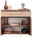 Sideboard aus Holz mit drei Schubladen und offenen Türen, gefüllt mit Dekorationsgegenständen und Textilien, aus der Frontperspektive.