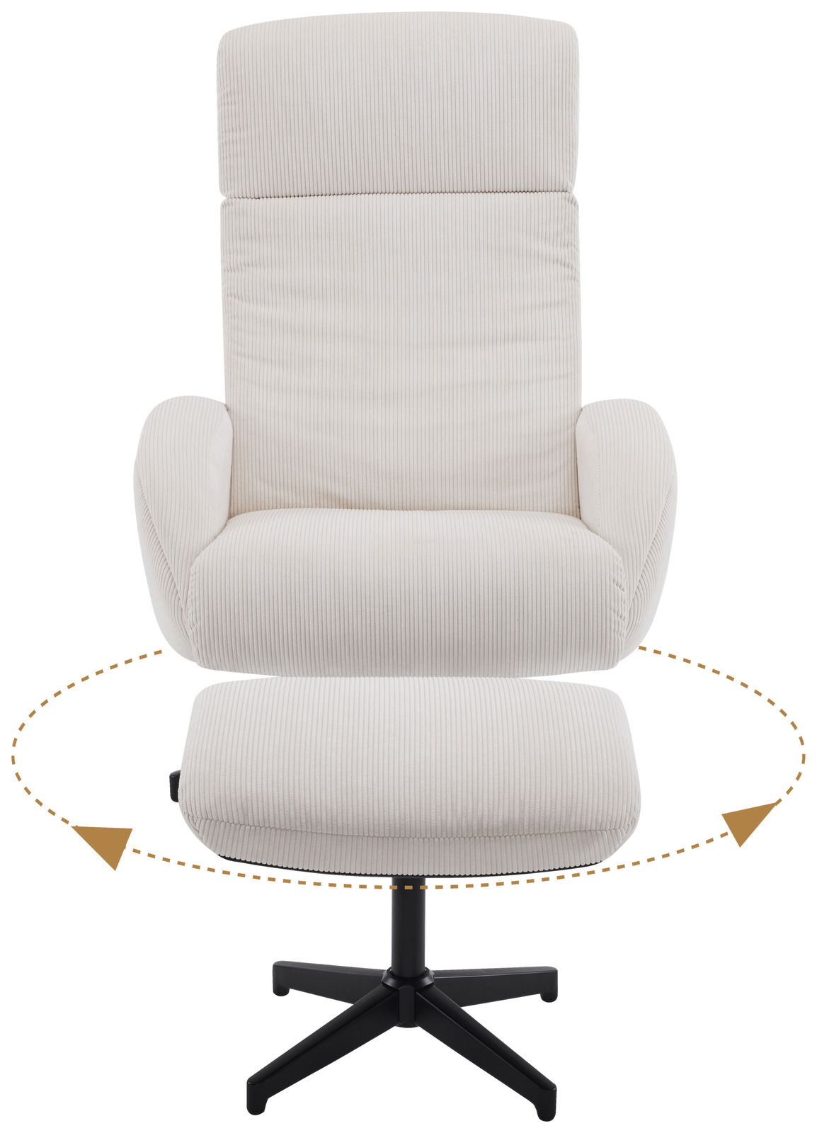 Frontansicht eines cremefarbenen Relaxsessels mit Hocker, drehbar auf schwarzem Metallfuß.