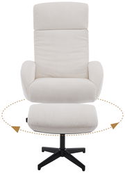 Frontansicht eines cremefarbenen Relaxsessels mit Hocker, drehbar auf schwarzem Metallfuß.