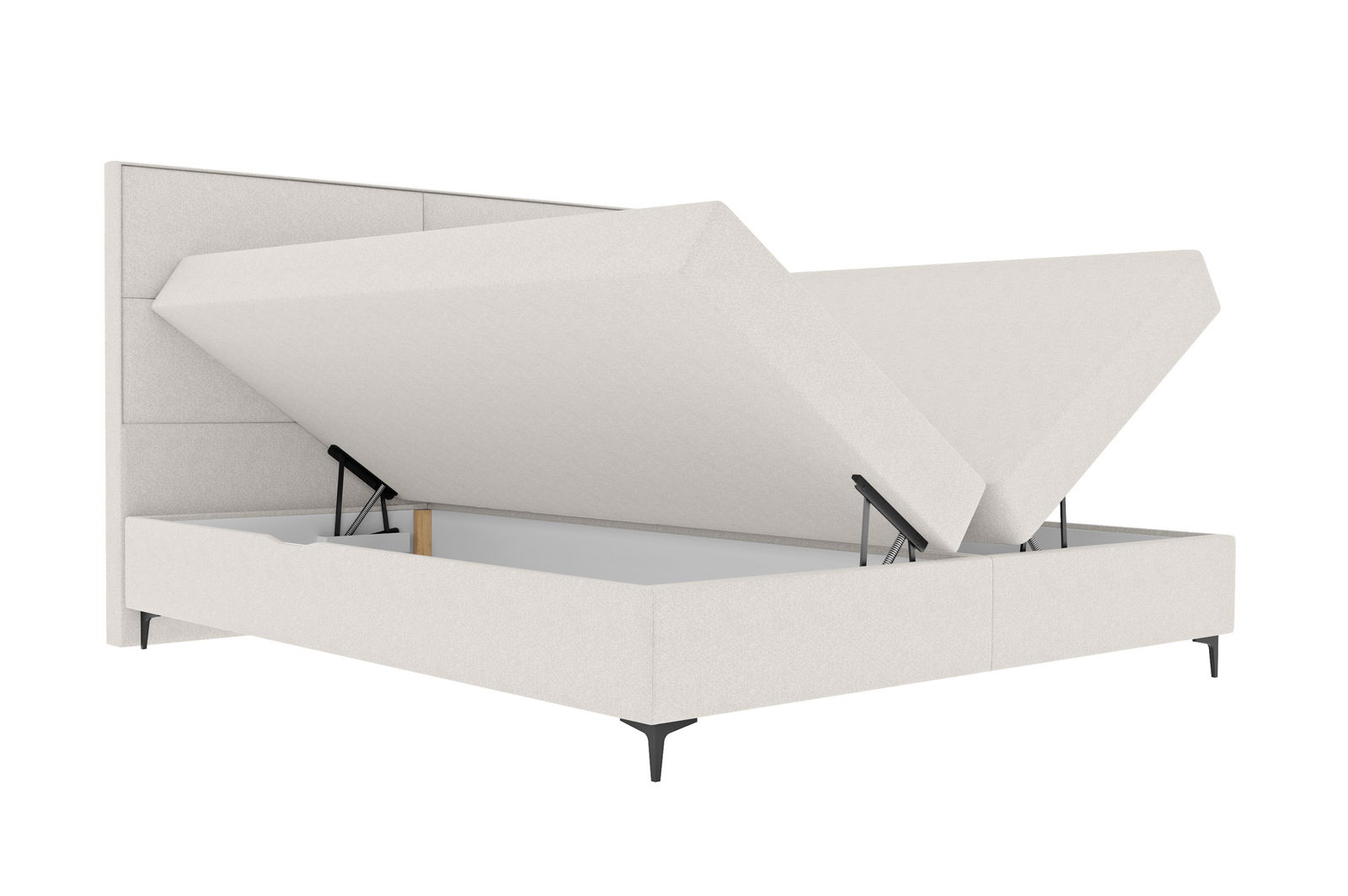 Boxspringbett mit geöffnetem Bettkasten, seitliche Perspektive