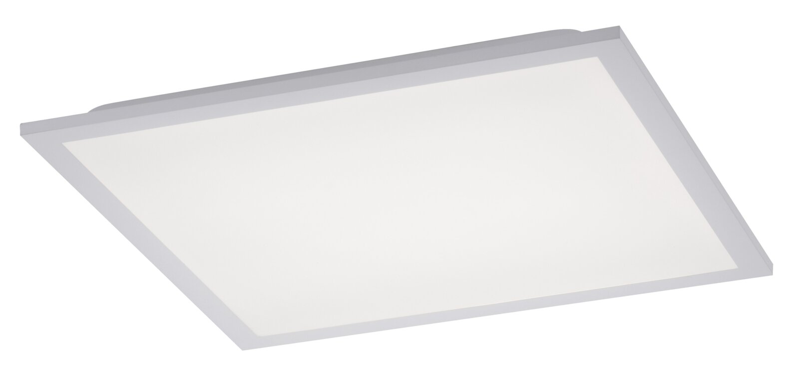 Flaches, rechteckiges LED-Deckenpanel in Weiß mit Rahmen, freigestellt auf weißem Hintergrund, in schräger Perspektive von unten/seitlich gezeigt