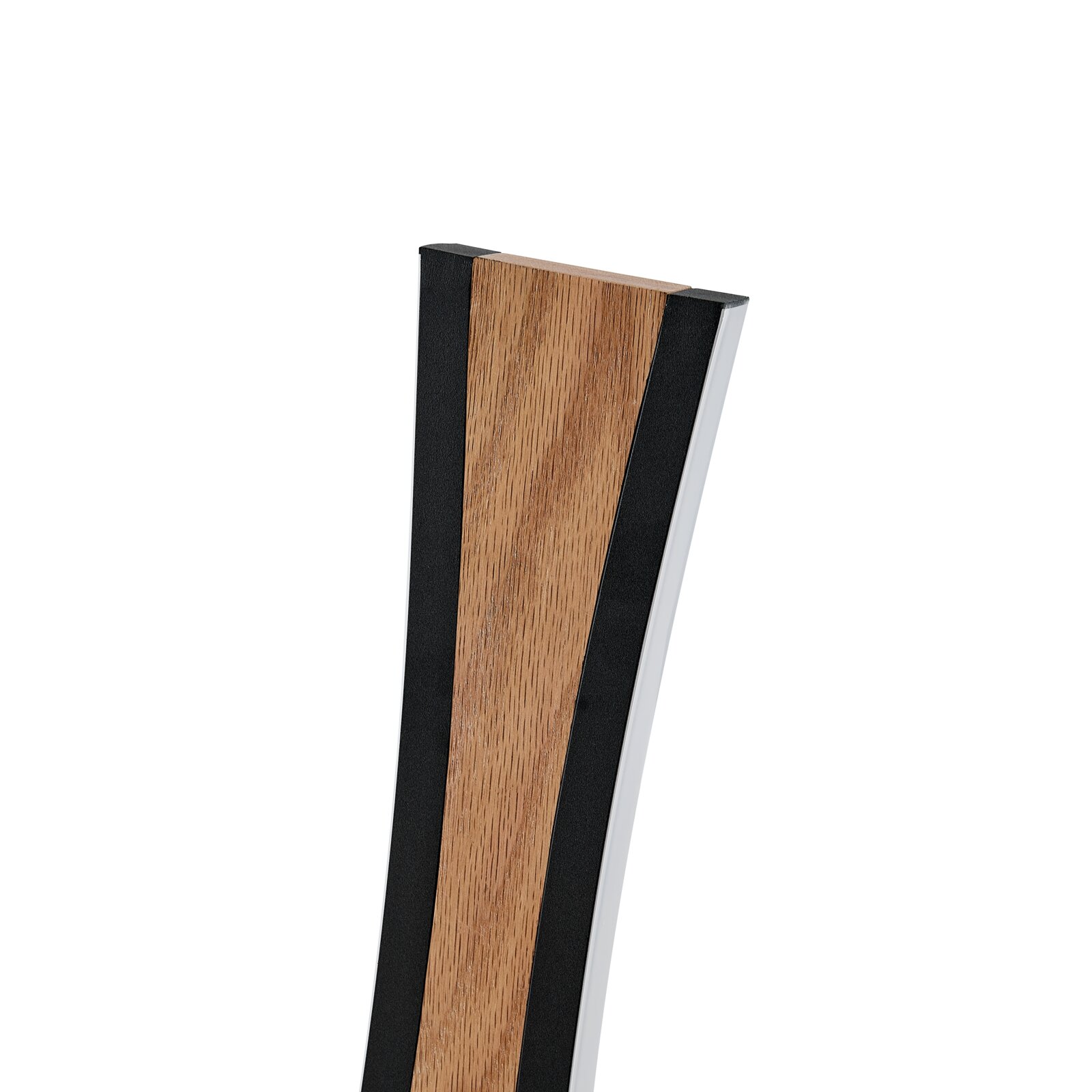 Detailaufnahme eines Holz-Elements mit schwarzer Rahmenkante und schräg verlaufender Kante, in leichter Seitenansicht von vorn auf weißem Hintergrund
