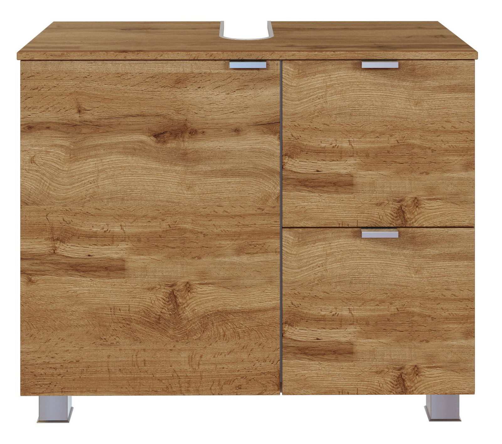 XORA Waschbeckenunterschrank BOGOTA Frontansicht eines Waschbeckenunterschranks in Holzoptik mit zwei Türen und einem Schubfach.