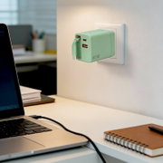 Mintgrünes 65W-GaN-USB-Ladegerät mit USB-C- und USB-A-Anschluss in einer weißen Wandsteckdose, seitliche Nahaufnahme am Schreibtisch neben Laptop und Notizbuch.
