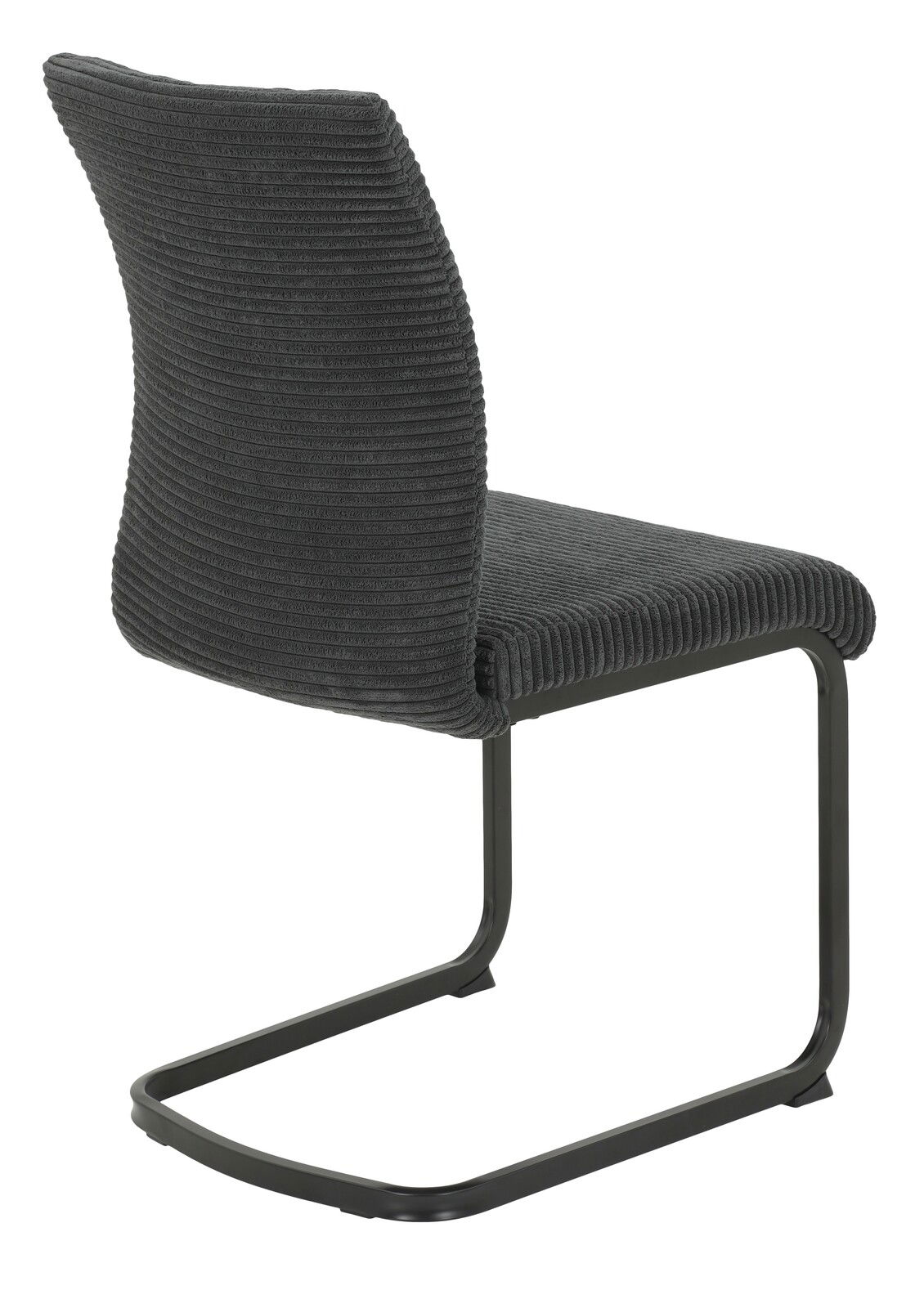 Rückansicht eines modernen Schwingstuhls mit grauem Stoffbezug und schwarzem Metallgestell.