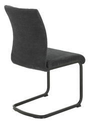 Rückansicht eines modernen Schwingstuhls mit grauem Stoffbezug und schwarzem Metallgestell.