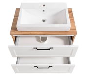 Waschtisch-Set mit weißem Waschbecken und zwei offenen Schubladen, aus der Vogelperspektive