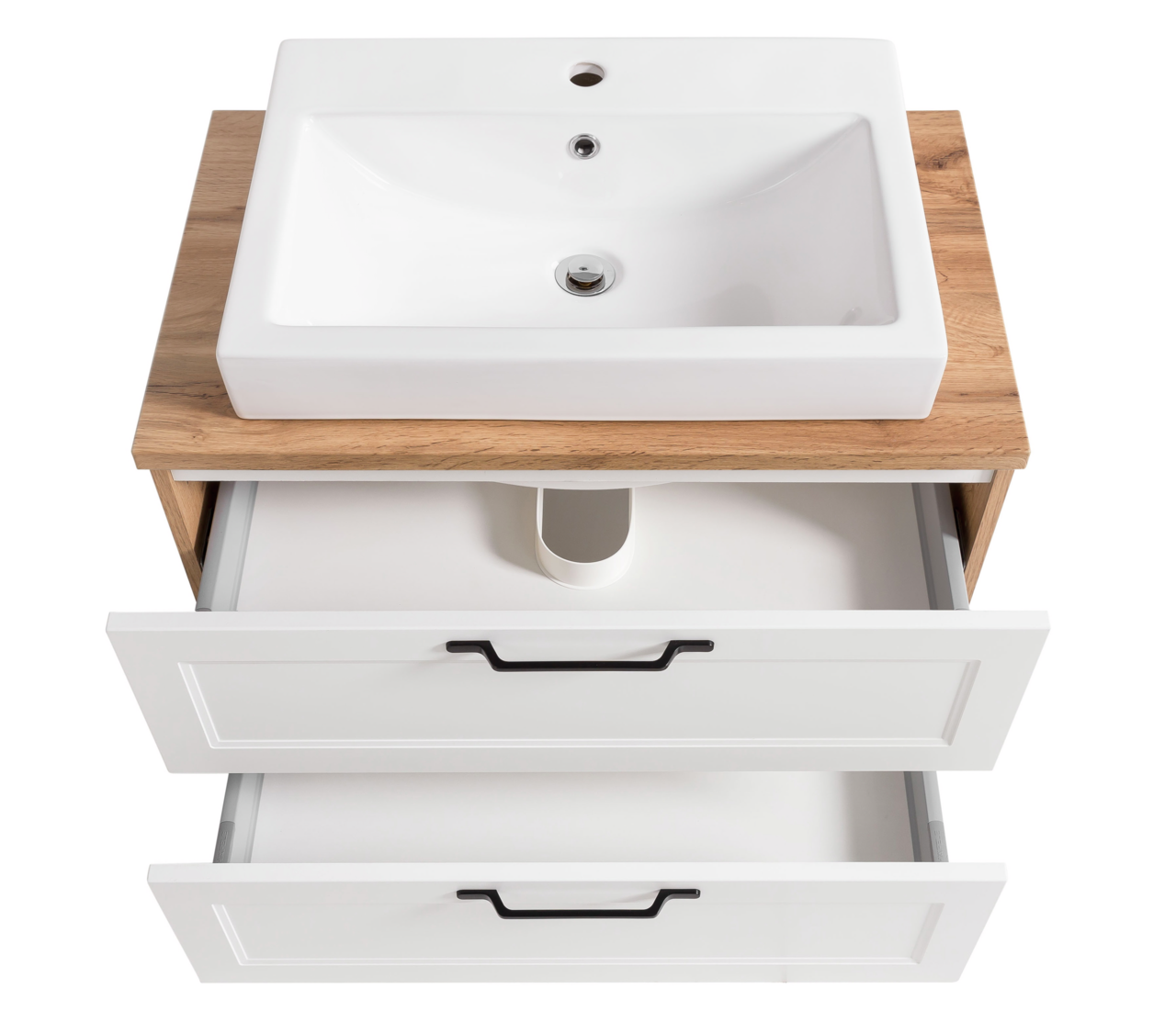 Waschtisch-Set mit weißem Waschbecken und zwei offenen Schubladen, aus der Vogelperspektive