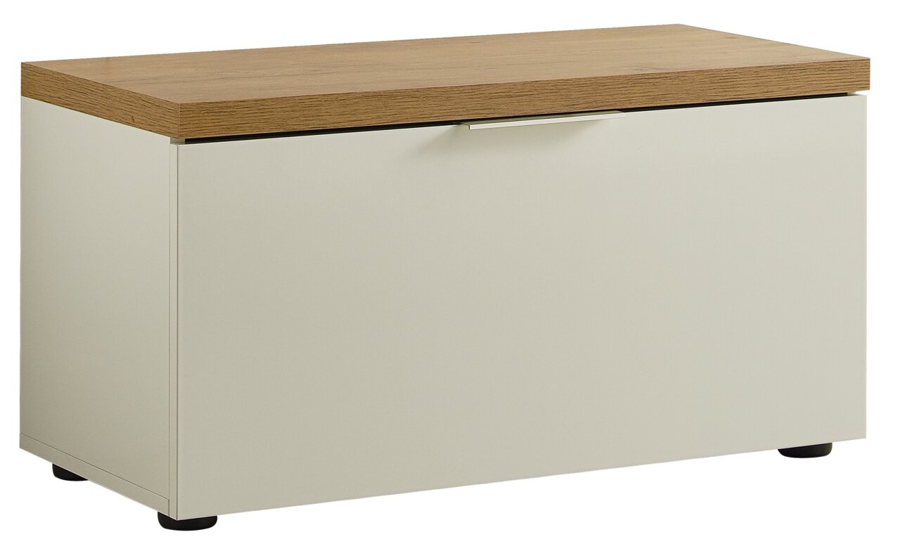 XORA Bank IDEA Bank mit Holzoberfläche und Stauraum, seitliche Perspektive