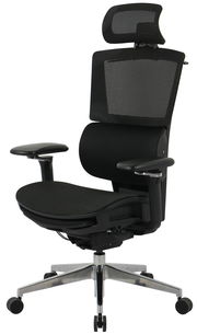 Moderner schwarzer Chefsessel mit Netzrückenlehne und verstellbaren Armlehnen, seitliche Perspektive