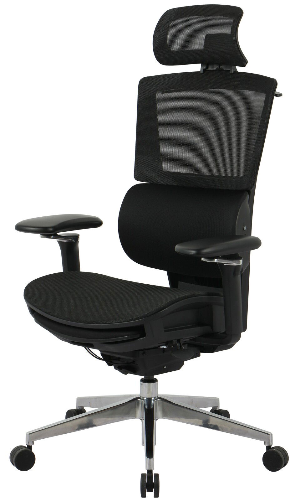 Moderner schwarzer Chefsessel mit Netzrückenlehne und verstellbaren Armlehnen, seitliche Perspektive