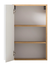 Hängeschrank mit geöffneter Tür, zwei Regalböden, Holzoptik, Frontalansicht