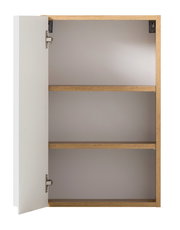 Hängeschrank mit geöffneter Tür, zwei Regalböden, Holzoptik, Frontalansicht
