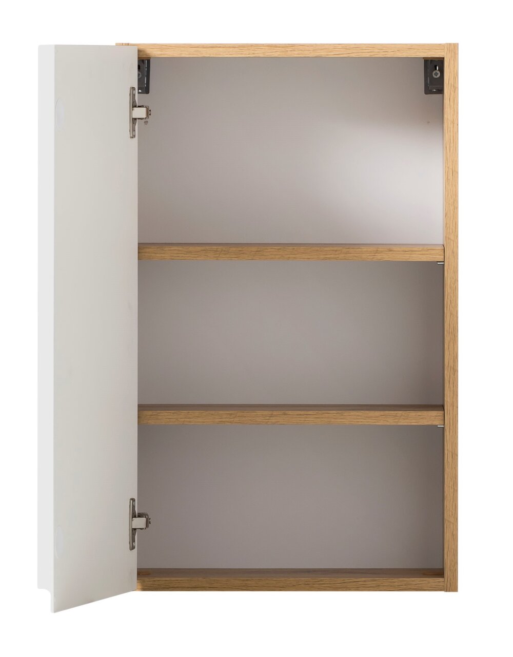Hängeschrank mit geöffneter Tür, zwei Regalböden, Holzoptik, Frontalansicht
