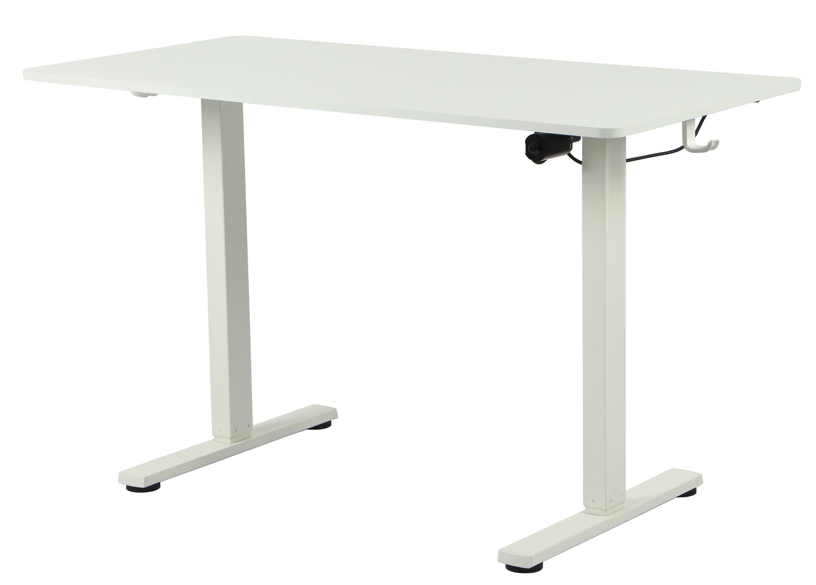 Weißer höhenverstellbarer E-Schreibtisch, seitliche Perspektive