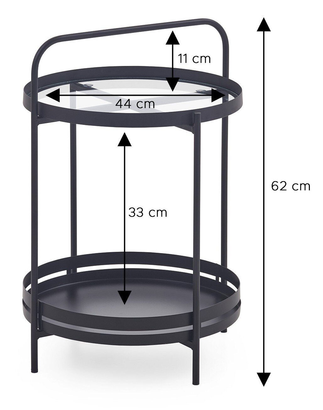 Schwarzer runder Beistelltisch/Servierwagen aus Metall mit zwei Ablagen und Griffbügel, Maße ca. 62 cm hoch, Ø 44 cm, Abstand zwischen Ebenen 33 cm, Randhöhe 11 cm, freigestellt in frontaler Perspektive.