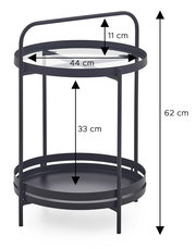 Schwarzer runder Beistelltisch/Servierwagen aus Metall mit zwei Ablagen und Griffbügel, Maße ca. 62 cm hoch, Ø 44 cm, Abstand zwischen Ebenen 33 cm, Randhöhe 11 cm, freigestellt in frontaler Perspektive.