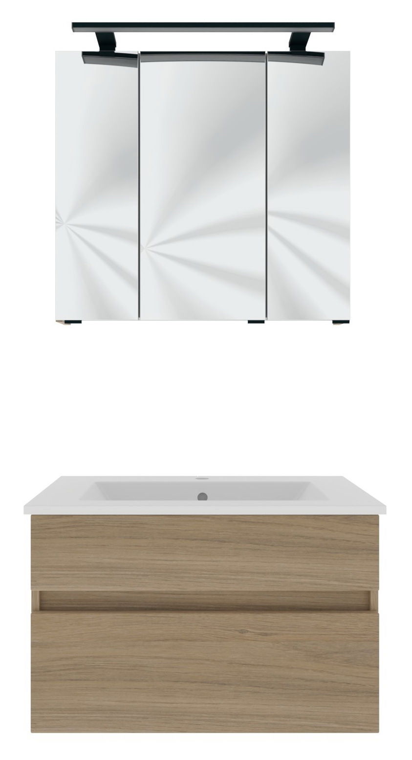 Novel Badblock NV.210 Frontale Ansicht eines modernen Badblocks mit einem Spiegelschrank oben und einem Waschbeckenunterschrank in Holzoptik unten.