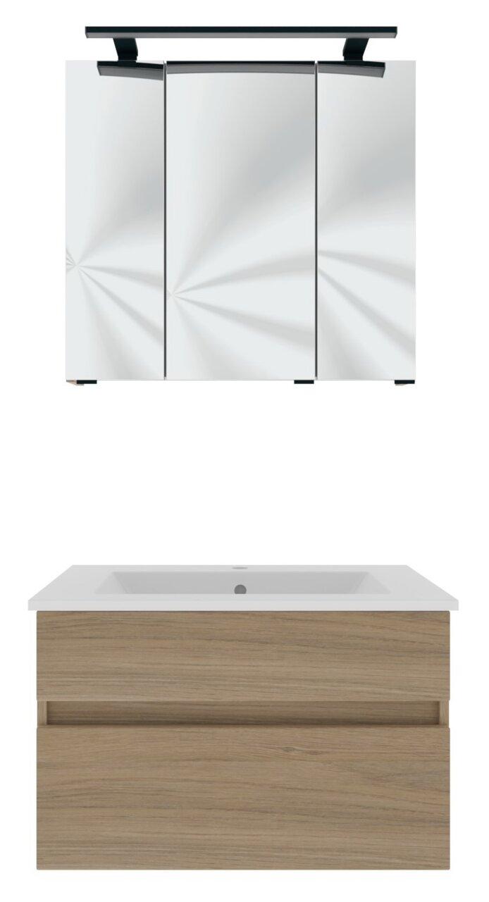 Vooraanzicht van een moderne badkamermeubelcombinatie met bovenaan een spiegelkast en onderaan een wastafelonderkast in houtlook.
