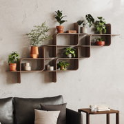 Modernes Wandregal aus Holz mit Pflanzen und Dekorationen, seitliche Perspektive.