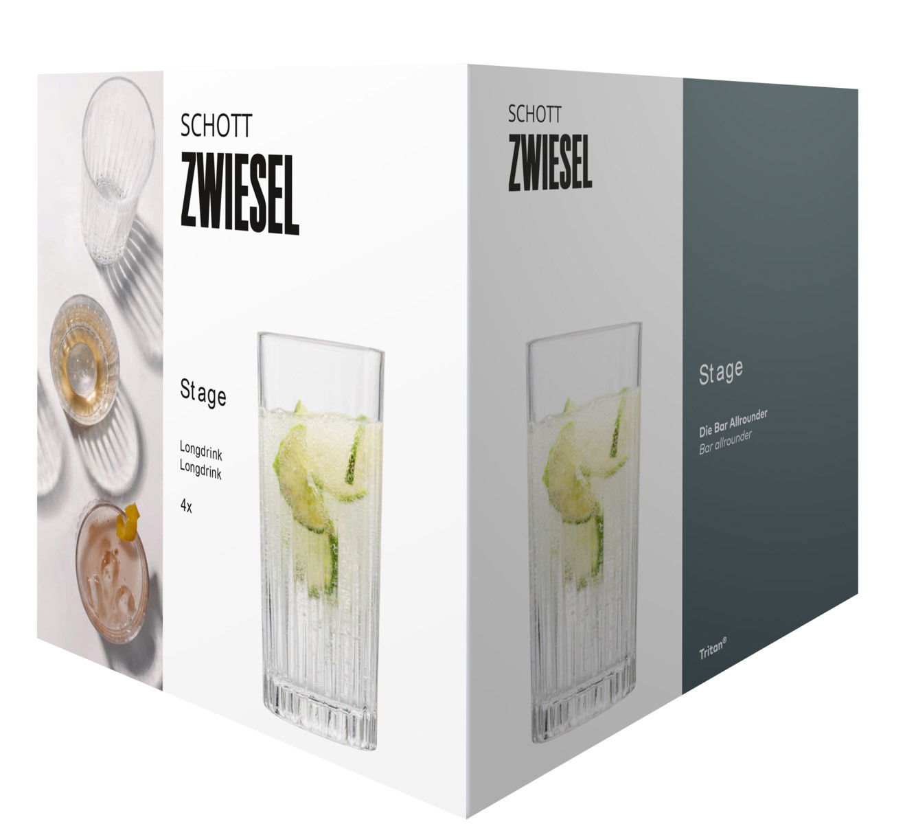Verpackung des Longdrinkglas Stage 4er Sets von Schott Zwiesel, Vorderansicht mit Abbildung eines gefüllten Glases und Produktinformationen.