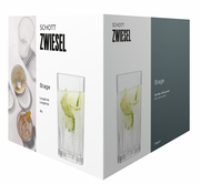 Verpackung des Longdrinkglas Stage 4er Sets von Schott Zwiesel, Vorderansicht mit Abbildung eines gefüllten Glases und Produktinformationen.