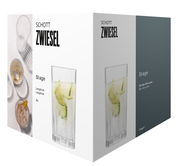 Verpackung des Longdrinkglas Stage 4er Sets von Schott Zwiesel, Vorderansicht mit Abbildung eines gefüllten Glases und Produktinformationen.