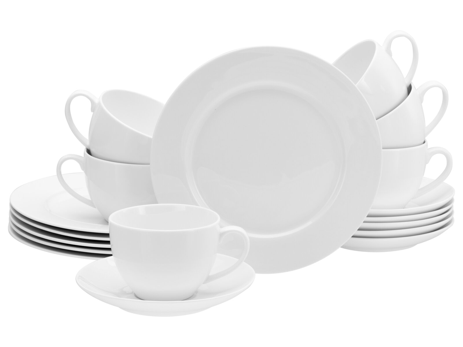 Creatable Kaffeeservice 18-tlg FLEUR ROYAL Weißes Porzellan-Geschirrset mit Tellern, Tassen und Untertassen auf weißem Hintergrund, frontal in leichter Schrägansicht fotografiert
