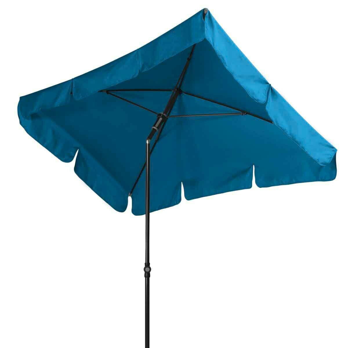Blauer Sonnenschirm aus seitlicher Perspektive mit schwarzem Ständer