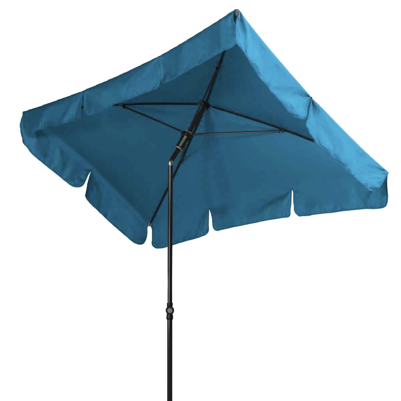 Blauer Sonnenschirm aus seitlicher Perspektive mit schwarzem Ständer