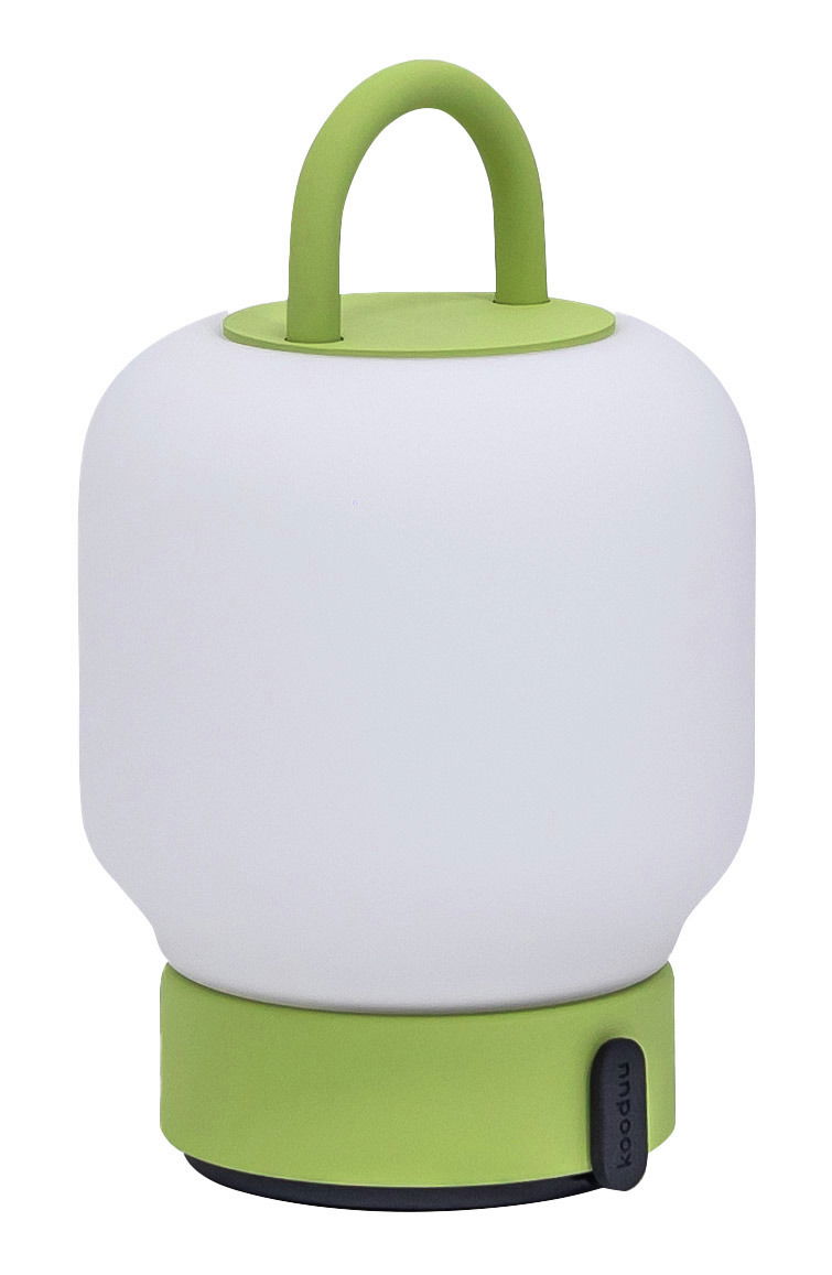 Tragbare Lampe mit grünem Griff und Sockel, seitliche Perspektive