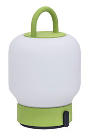 Tragbare Lampe mit grünem Griff und Sockel, seitliche Perspektive