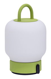 Tragbare Lampe mit grünem Griff und Sockel, seitliche Perspektive