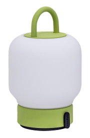 Tragbare Lampe mit grünem Griff und Sockel, seitliche Perspektive