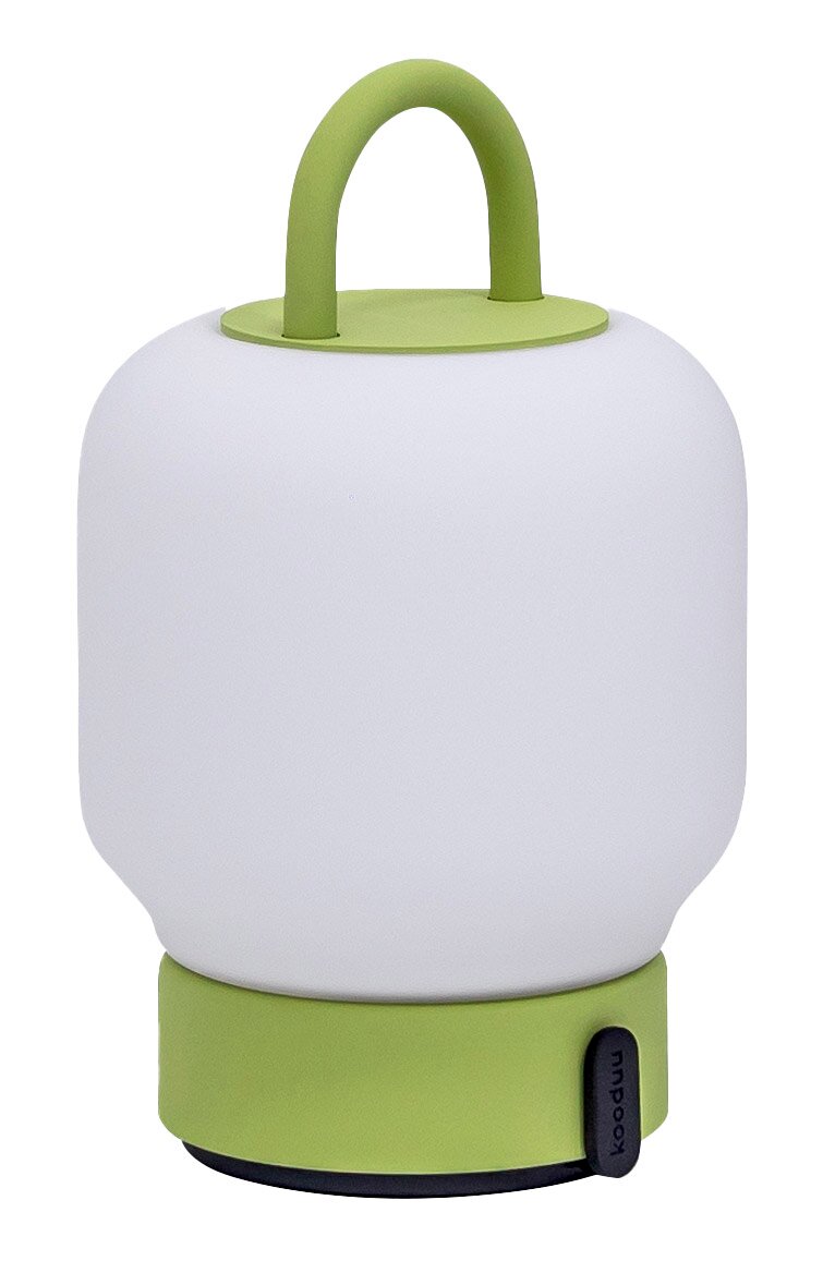 Tragbare Lampe mit grünem Griff und Sockel, seitliche Perspektive