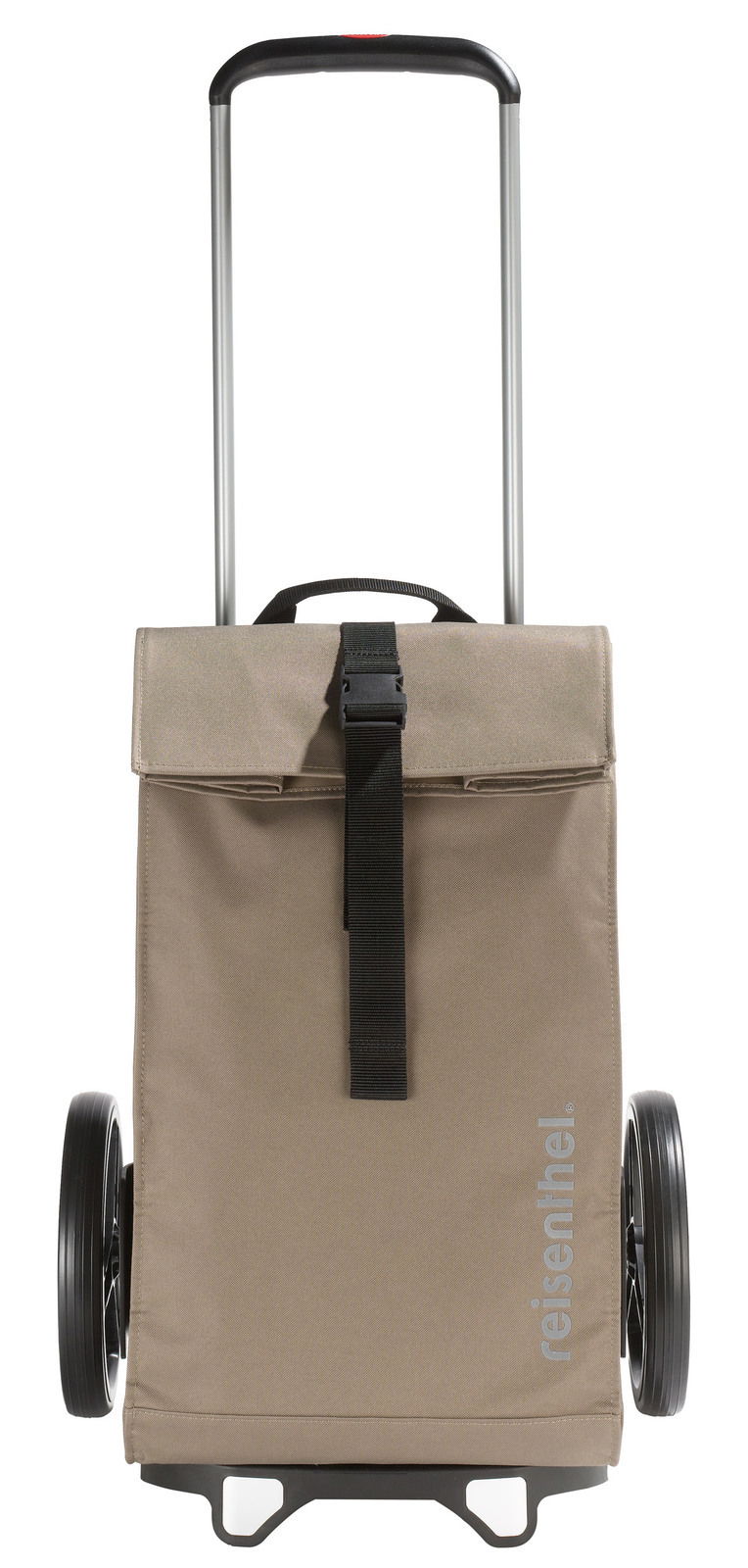 Reisenthel Citycruiser OLIVE SAND Frontansicht eines Citycruisers in Olivgrün mit zwei großen Rädern und einem Teleskopgriff.