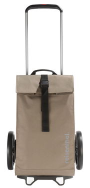 Frontansicht eines Citycruisers in Olivgrün mit zwei großen Rädern und einem Teleskopgriff.