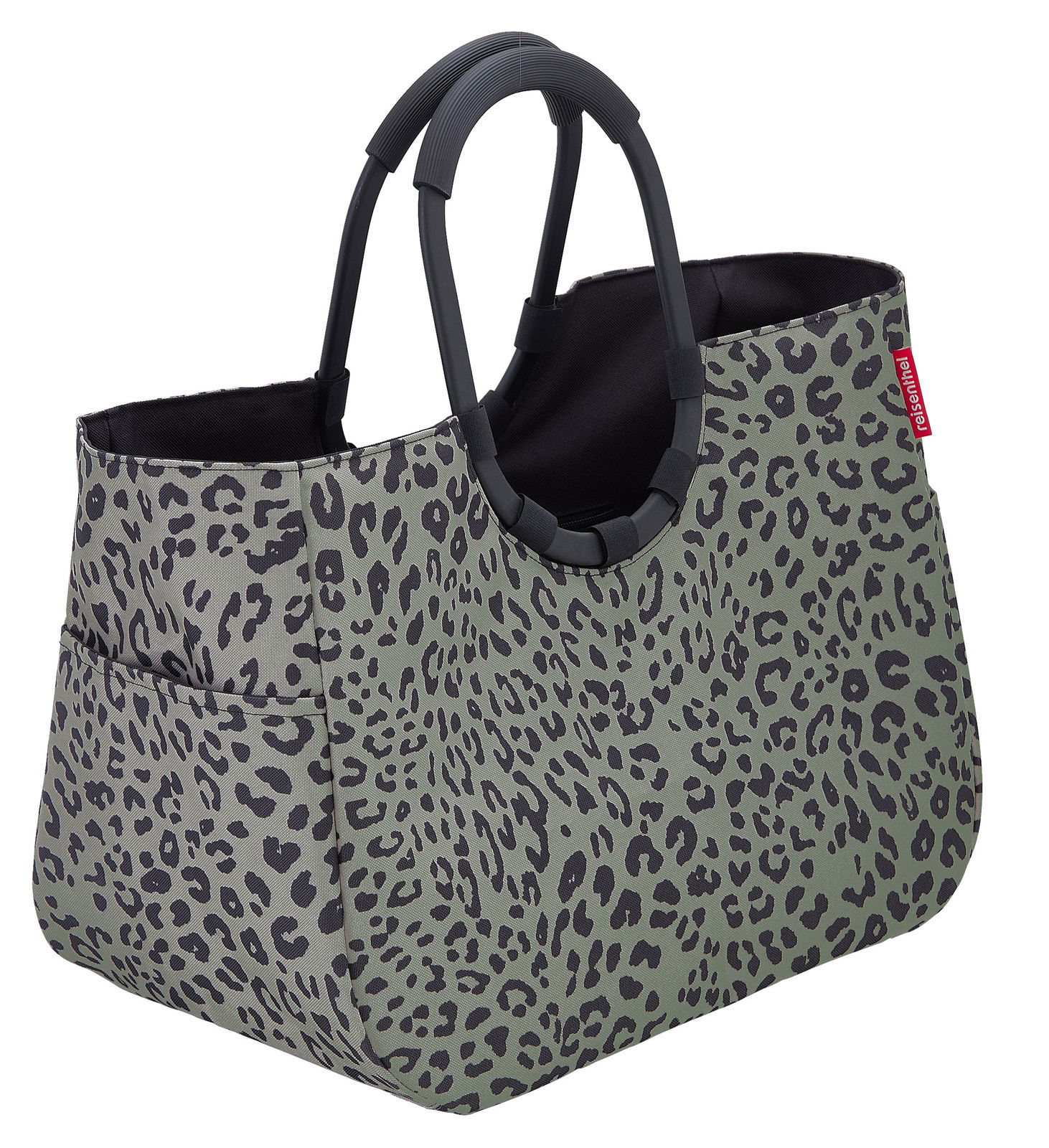 Leopardenmuster-Einkaufstasche mit schwarzen Griffen, seitliche Perspektive