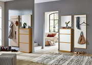 Moderne Garderobeneinrichtung mit Spiegel, Schuhschrank und Garderobenpaneel in einem hellen Raum, seitliche Perspektive.