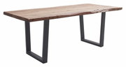 Moderner Esstisch aus Holz mit natürlicher Kante und Metallbeinen, seitliche Perspektive