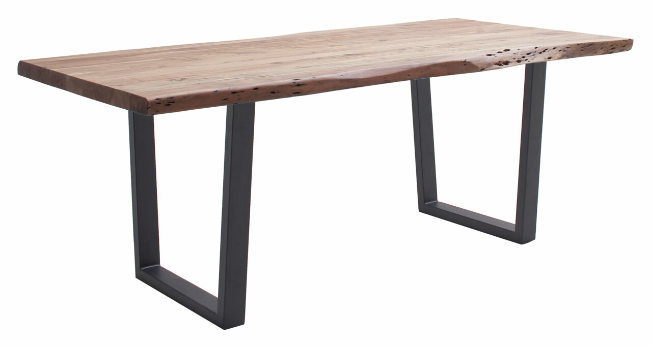 Moderner Esstisch aus Holz mit natürlicher Kante und Metallbeinen, seitliche Perspektive