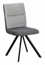 Moderner grauer Stuhl mit gepolsterter Rückenlehne und schwarzem Metallgestell, seitliche Perspektive
