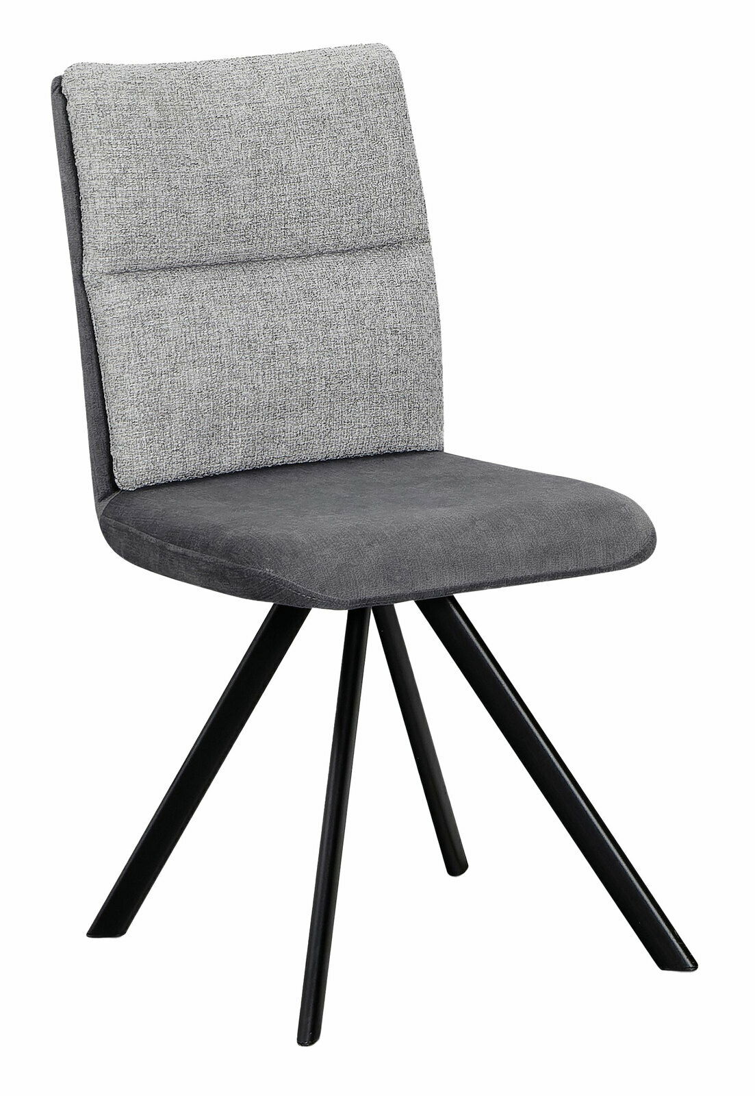 Moderner grauer Stuhl mit gepolsterter Rückenlehne und schwarzem Metallgestell, seitliche Perspektive