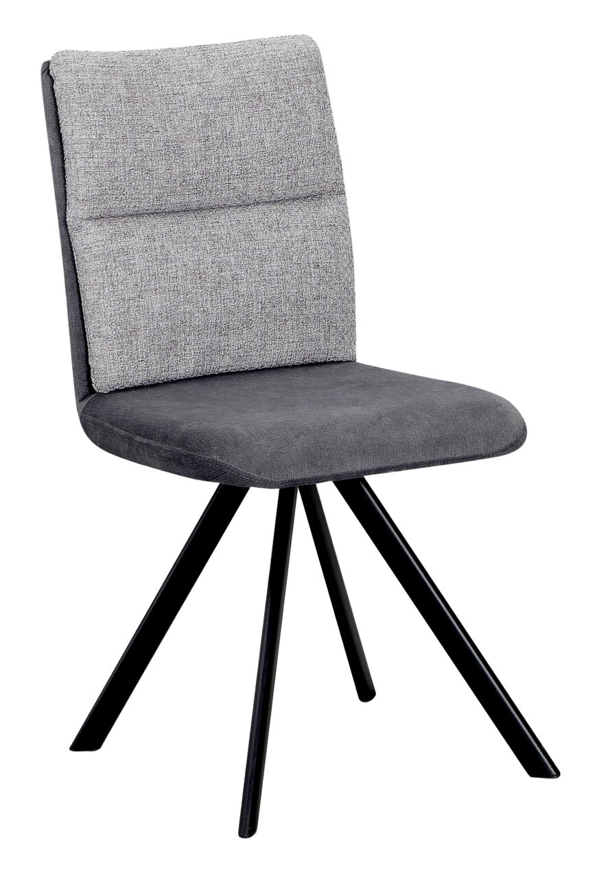 Moderner grauer Stuhl mit gepolsterter Rückenlehne und schwarzem Metallgestell, seitliche Perspektive