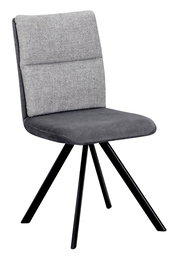 Moderner grauer Stuhl mit gepolsterter Rückenlehne und schwarzem Metallgestell, seitliche Perspektive