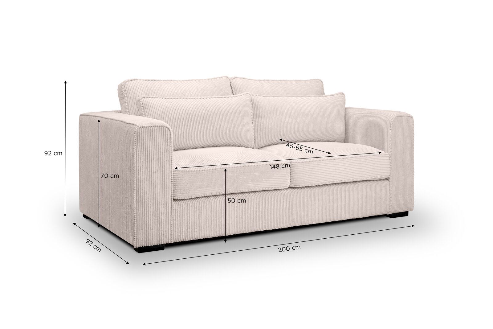 Beiges 2-Sitzer-Sofa mit Cordbezug und zwei großen Rückenkissen, frontale Ansicht leicht von links; Maße: ca. 200 cm Breite, 92 cm Tiefe, 92 cm Höhe, Sitzhöhe 50 cm, Armlehnenhöhe 70 cm, Sitzfläche 148 cm, Sitztiefe 45–65 cm.